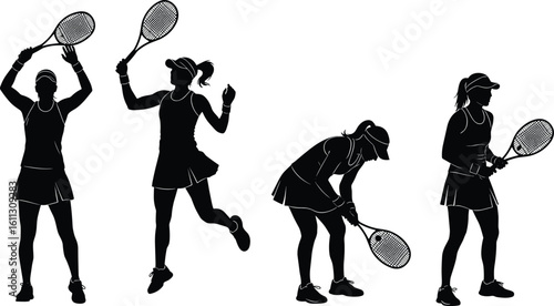 Female tennis players in silhouette, racket action poses, athletic women illustration, sports vector design, competitive motion, outdoor match scene