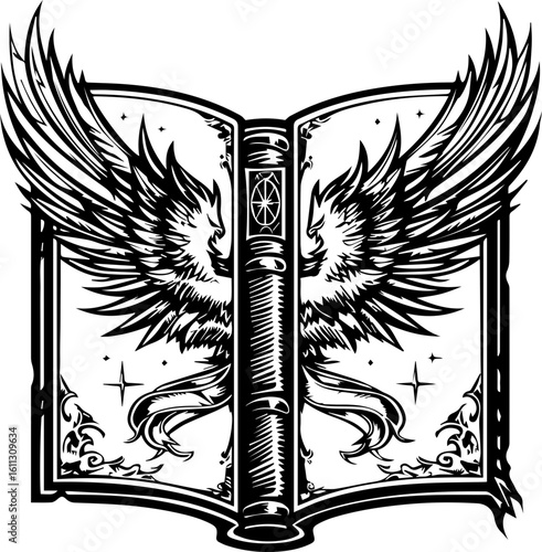 Magic Grimoire Vector Illustration in Black and White