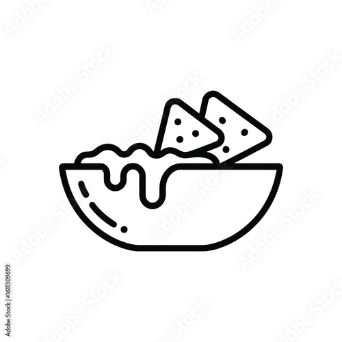 Simple line art icon of tortilla chips with cheese dip in a bowl