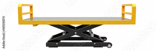 Heavy duty lift table with sturdy design and yellow accents, ideal for industrial use and material handling