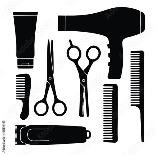 Hair salon tools silhouette vector illustration for professional hair styling and cutting services design concept