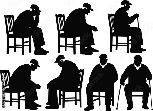 Silhouette of elderly man sitting in different poses, aging process, senior health, black and white illustration, isolated, chair, cane, posture
