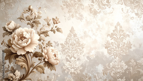 Faded Floral Damask Design on Antique Wall with Cracks and Light Shadows Aged Interior Look