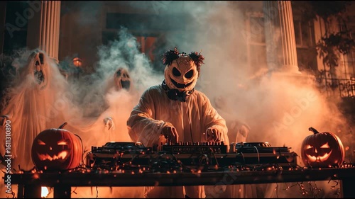 A DJ in a creepy panda mask and ghost costume at a Halloween party, loop