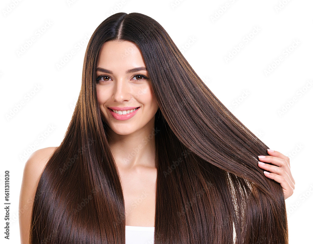 Obraz premium Studio Shot of Gorgeous Brunette Woman with Perfect, Shiny Hair on White Background