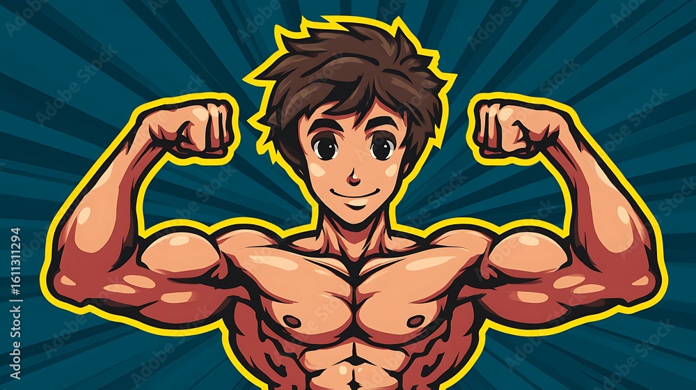 Obraz premium Vibrant Cartoon Male Character Showing Muscular Arms and Confident Smile.
