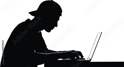 Silhouette of person with cap working on laptop, remote job, freelance work, digital lifestyle, typing, focus, technology, workspace, creativity