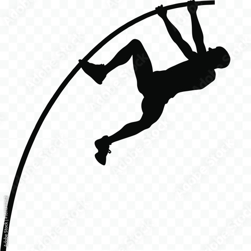 Silhouette of a Pole Vaulter Gripping the Vaulting Pole Mid Vault with Determination and Athleticism Captured in Dark Monochromatic Style