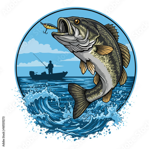 Jumping Largemouth Bass Chasing a Lure Fishing Scene