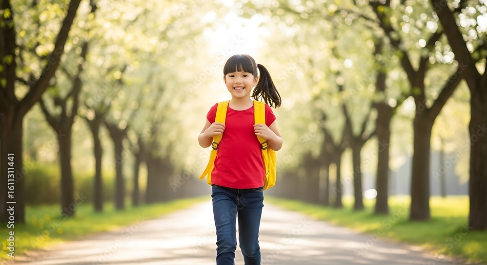 A young girl with a yellow backpack walking down a tree lined road with a bright smile on her face A young girl with a yellow backpack walking down a tree lined road with a bright smile on her face