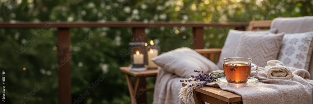 Fototapeta premium Teacup of lavender tea on a wooden table against a blurred background on a terrace at sunset. Herbal drink for relaxation and wellness. Healthy lifestyle concept for banner or poster with empty space.