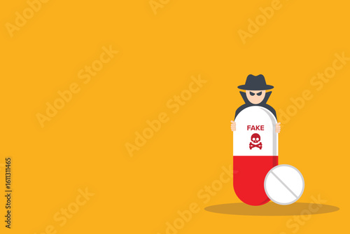 Fake medicine. Pill and tablet with criminal selling illegal drugs. Fake drugs, pharmaceutical. Symbolic for harmful counterfeit pills, risk and danger of illegal produced and sold pharmaceuticals.