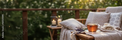 Teacup of lavender tea on a wooden table against a blurred background on a terrace at sunset. Herbal drink for relaxation and wellness. Healthy lifestyle concept for banner or poster with empty space.