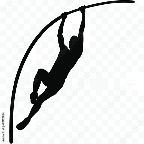 Silhouette of a Pole Vaulter Gripping the Vaulting Pole Mid Vault with Determination and Athleticism Captured in Dark Monochromatic Style