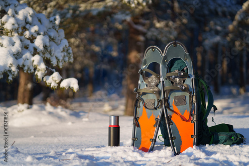 Orange snowshoes, backpack and thermos with winter forest.
