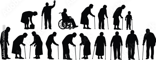 Silhouettes of elderly people with mobility aids, wheelchair, walking frames, aging population, senior care, black and white healthcare concept