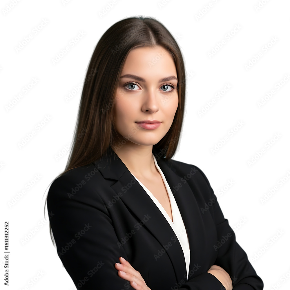 Professional business woman in black blazer arms crossed isolated on transparent background Professional business woman in black blazer arms crossed isolated on transparent background