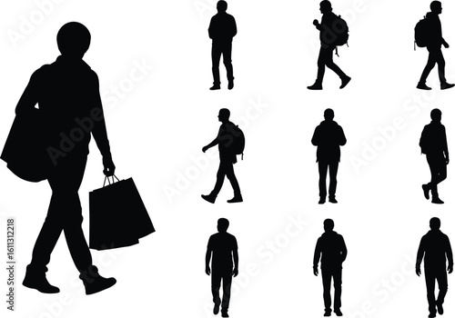 Silhouettes of people walking with bags, backpacks and luggage, travel and urban lifestyle illustration, white background vector, motion poses design