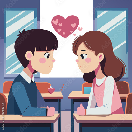 Two students secretly looking at each other across classroom desks, with subtle romantic vibe.