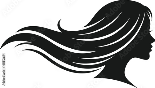 Stylish silhouette of woman with flowing hair, elegant profile vector, fashion and beauty concept illustration, black background, graceful female artwork