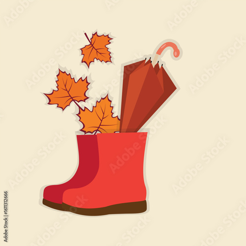 Autumn boots with umbrella and maple leaves.