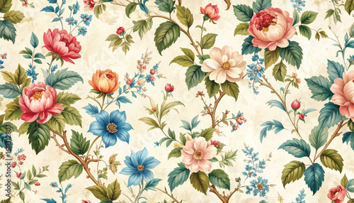Wallpaper Mural Renaissance Inspired Hand Painted Garden Flower Wallpaper on Aged Parchment Textured Surface Torontodigital.ca