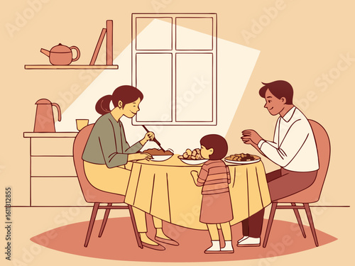 Family dinner illustration of mother father and child eating together at the dining table happily
