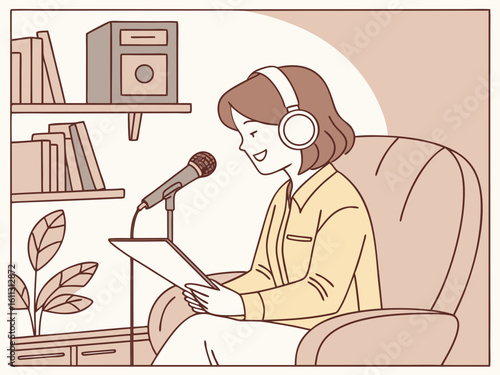Woman recording podcast at home in cozy chair with microphone and headphones illustration