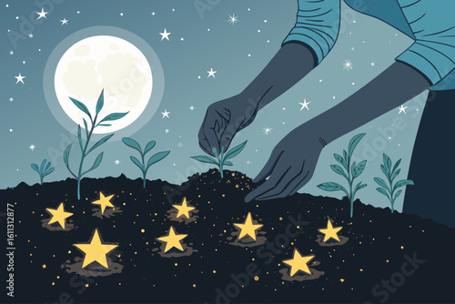 Extraordinary Hands Planting Stars Into Masterful Composition Art Timeless Classic Beauty Perfect for Social Media Content Commercial Ready Professional Content Creative Asset