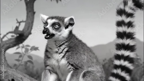 An agile lemur with a striped tail climbs a branch gracefully in a black-and-white forest. The scene captures wildlife nature with a focus on the animal’s natural habitat.