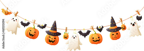 Cute halloween garland decoration with smiling ghost and pumpkin. Festive