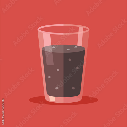 flat design of a glass of soda. glass filled with a dark, carbonated beverage, likely a soda or cola, set against a red background. The bubbles within the liquid indicate its carbonation. 
