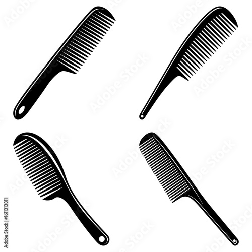 Four black combs with different shapes and handles arranged in a square pattern on a white background
