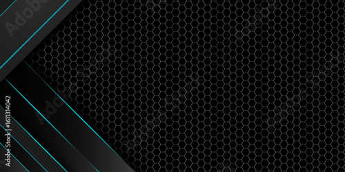 Hexagonal abstract metal background with blue light for wide banner.  Modern technology innovation concept background. design element cutout style concept for banner, flyer, card, or brochure cover. 