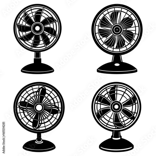 Illustration of four black and white electric fans with different blade and grill designs on a white background