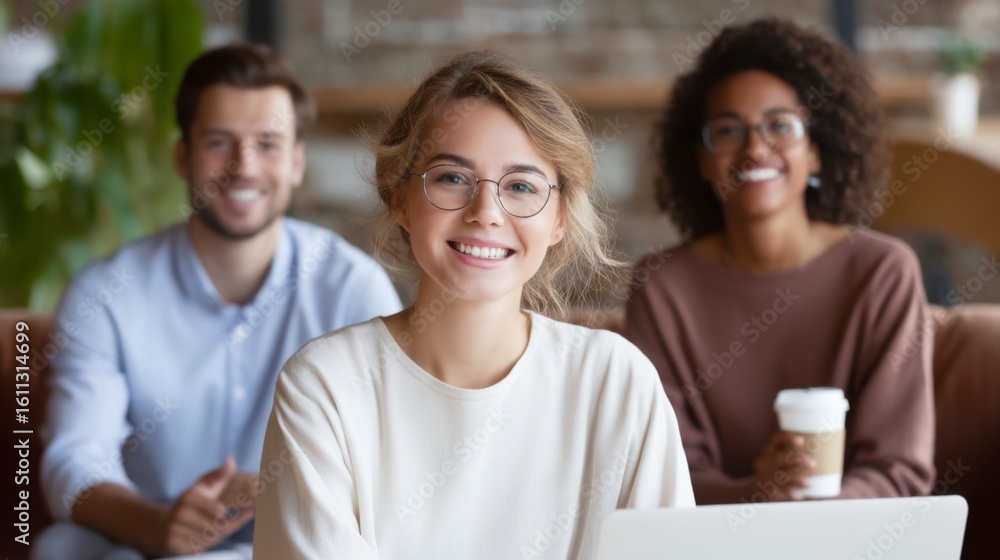 Fototapeta premium Three diverse young professionals smiling and posing in a modern casual office environment.