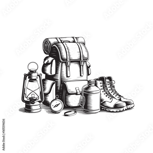 Vintage Engraving Style Illustration of Camping and Hiking Gear Essentials design