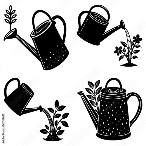 Illustration featuring four watering cans in various stages of watering plants in a black and white style