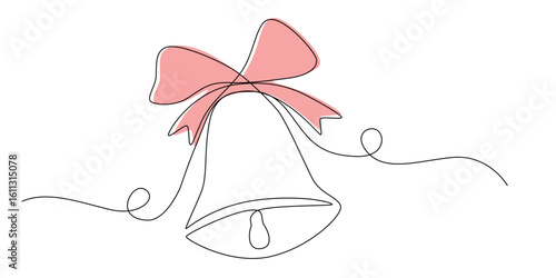 Continuous one single minimal line drawing bell.Xmas festive decoration with mistletoe and bow