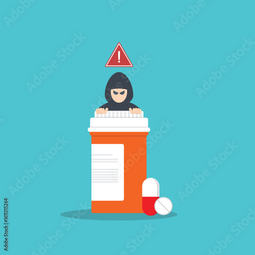 Fake medicine. Pill and tablet with criminal selling illegal drugs. Fake drugs, pharmaceutical. Symbolic for harmful counterfeit pills, risk and danger of illegal produced and sold pharmaceuticals.