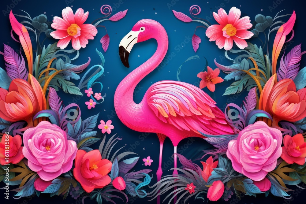 Obraz premium Pink flamingo standing among colorful flowers and tropical leaves on a dark blue background, paper cut style illustration