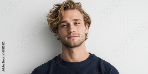Confident Young Man with Stylish Hair Posing Against a Neutral Background