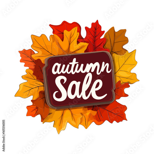 A watercolor-style icon of a red and yellow autumn leaf bouquet with a 'Autumn Sale' sign, ideal for seasonal e-commerce promotions and blog banners.

