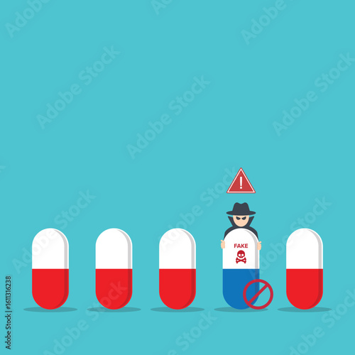 Fake medicine. Pill and tablet with criminal selling illegal drugs. Fake drugs, pharmaceutical. Symbolic for harmful counterfeit pills, risk and danger of illegal produced and sold pharmaceuticals.