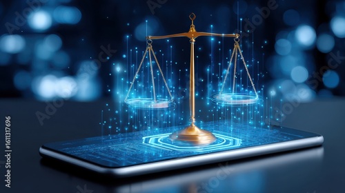 Social media governance concept. A golden scale of justice hologram projecting from a smartphone, symbolizing digital law and legal technology in a futuristic blue environment.