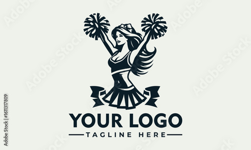 Cheerleader with pom-poms, arms raised, wearing a pleated skirt, stylized graphic.