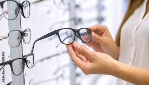 A person is holding a eye glass in hand in a store