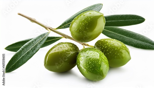 Wallpaper Mural four dewy green olives on a branch with leaves isolated on white Torontodigital.ca