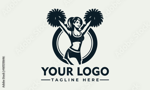 Vintage logo design of a cheerleader in action, with pom-poms and circle.