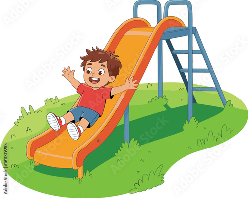 Cartoon boy sliding on colorful playground slide, cheerful child enjoying outdoor activity, summer fun vector illustration, flat design, white background
